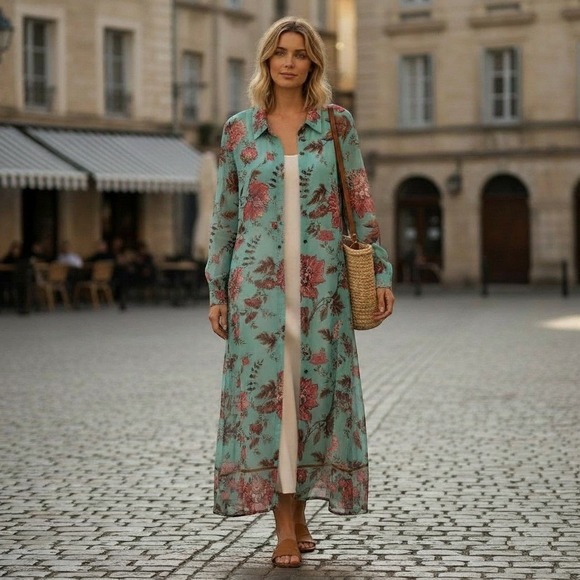 Soft Surroundings Dresses & Skirts - Soft Surroundings Floral Button Down Maxi Dress Turquoise Red Plus Size 3X